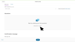 Creating a survey, the cursor hovering over a button called Add first question 